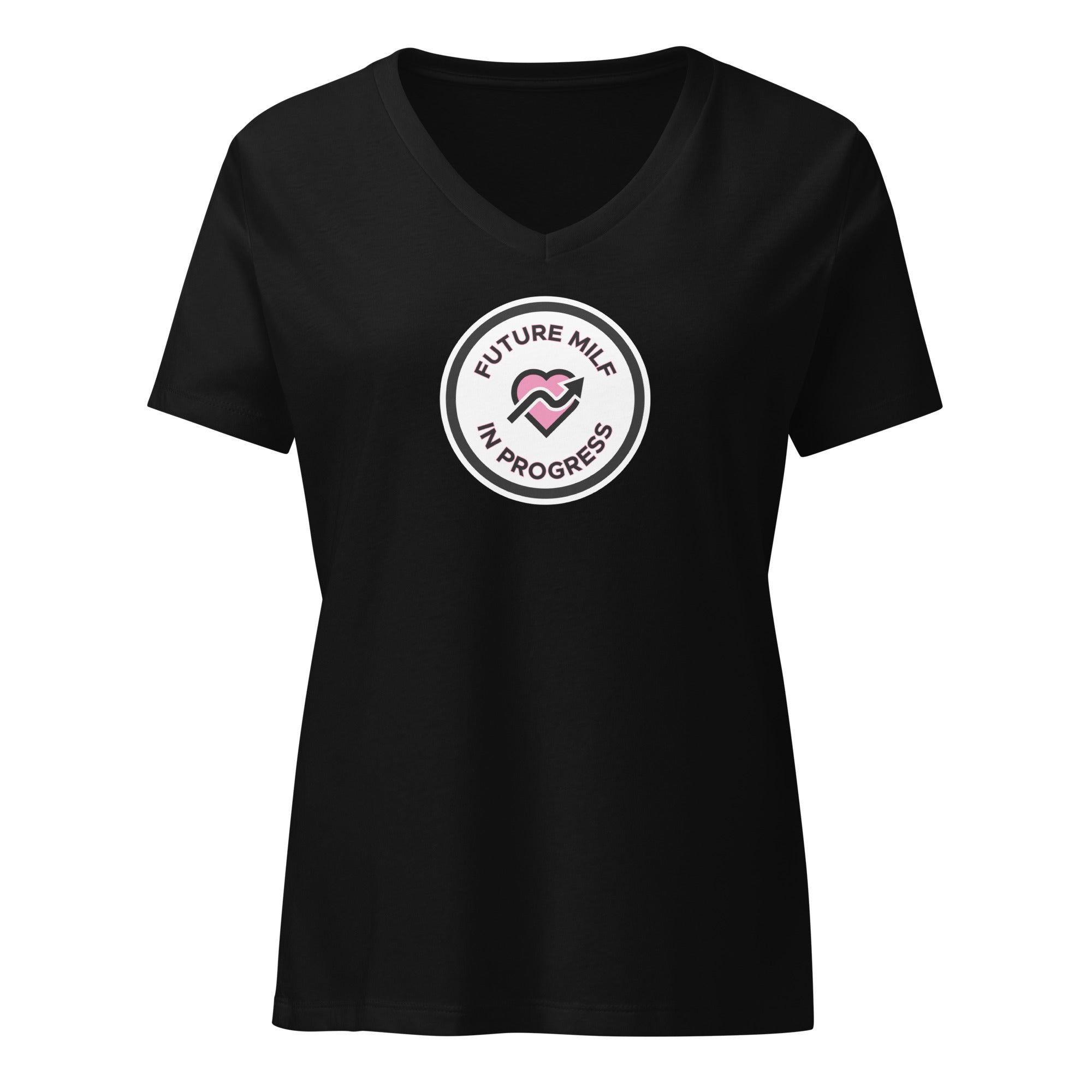 Future MILF in Progress - Women’s Relaxed V - Neck T-Shirt Solid Black Blend S - BangerBay